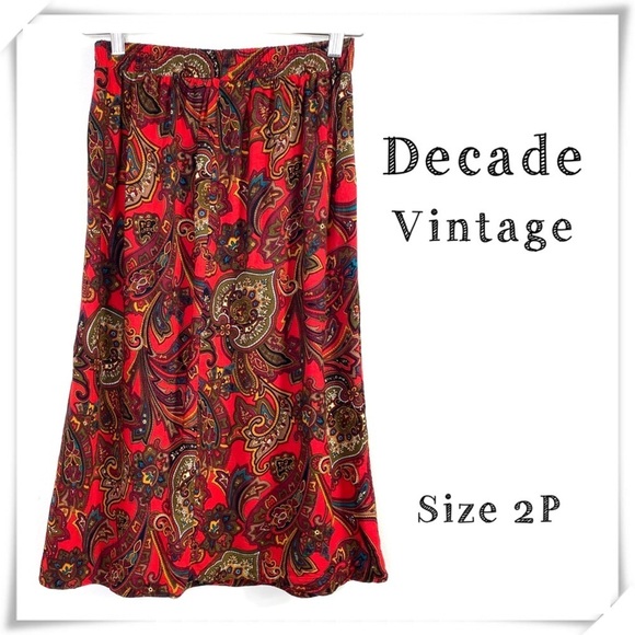 DECADE design 70s Vintage Paisley Print A-line Midi Skirt in Red - Picture 1 of 6